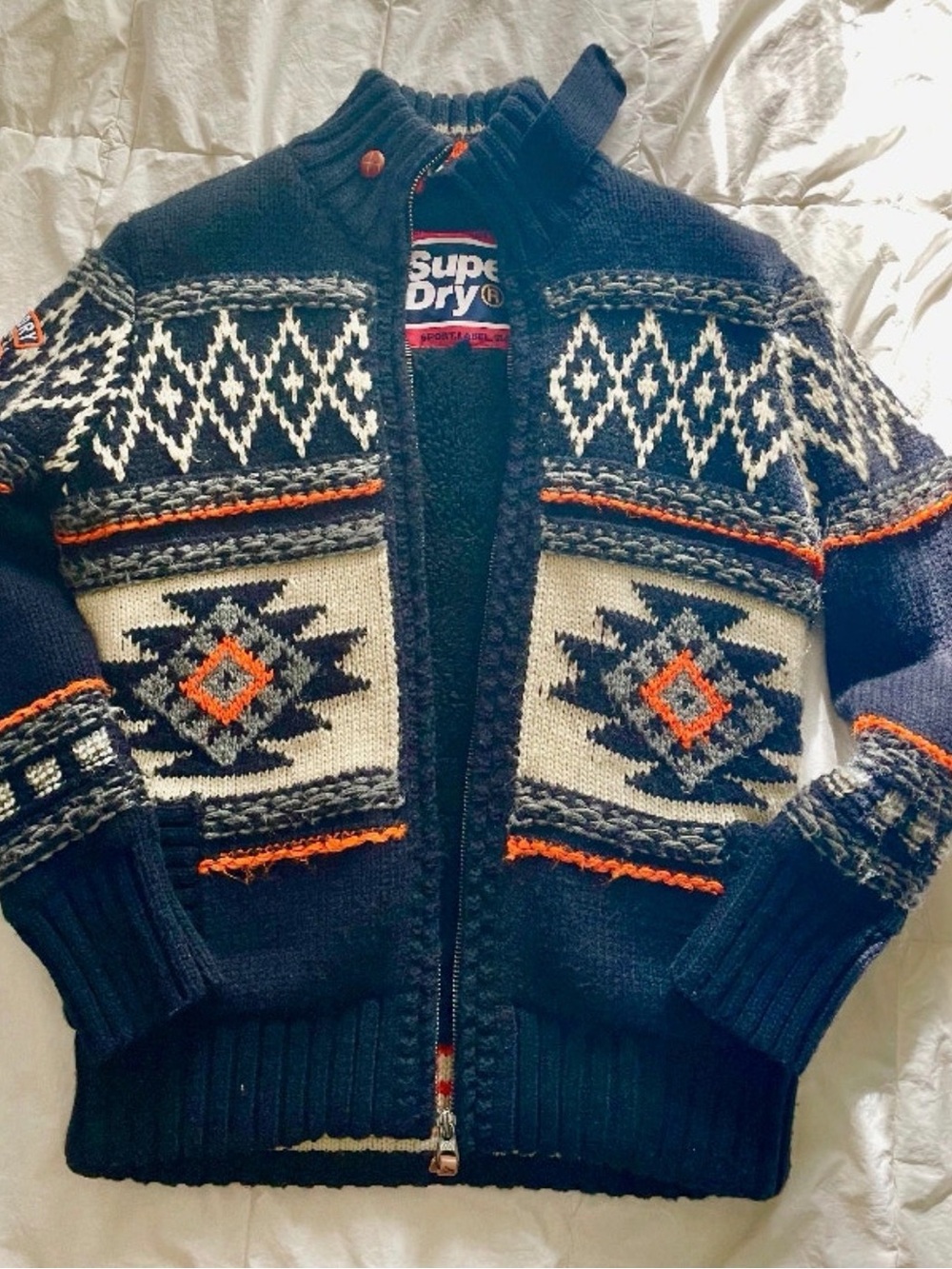 Superdry Navy Zip-Up Fair Isle Knit Sweater with Cream and Orange Accents
